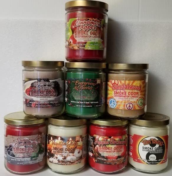 Smoke Odor Exterminator 13 oz Jar Candles Cinnamon Apple, Assortment (8) Includes Mulberry Spice,Evergreen & Berries,Apple Orchard,Vanilla Glitz,Sugared Cranberry Sandalwood and Yin Yang